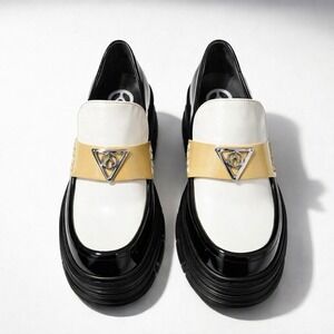 The WISHBONE Collection Tri-Tone Patent Leather Platform Lug Sole Loafers Black